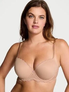VS Pink Smooth Lace-Trim T-Shirt Bra in Nude